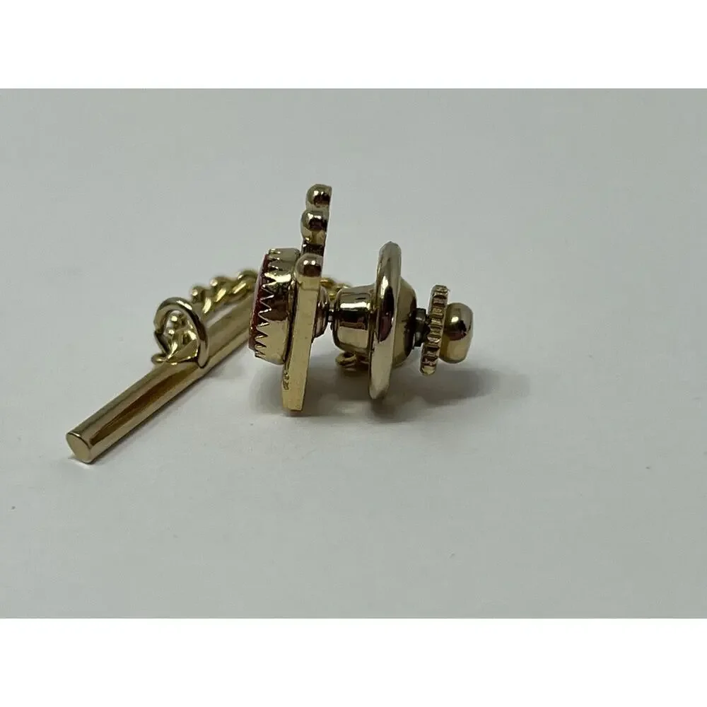 Vintage Crown Tie Tack Goldstone Cabochon Gold Tone T-Bar Chain Pin Men